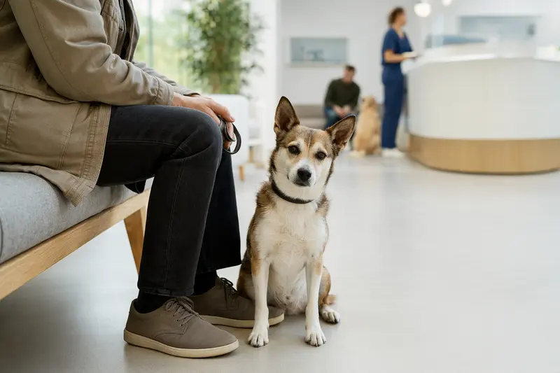 Ein Norwegischer Lundehund sitzt ruhig neben seinem Besitzer im Wartezimmer einer modernen Tierarztpraxis.